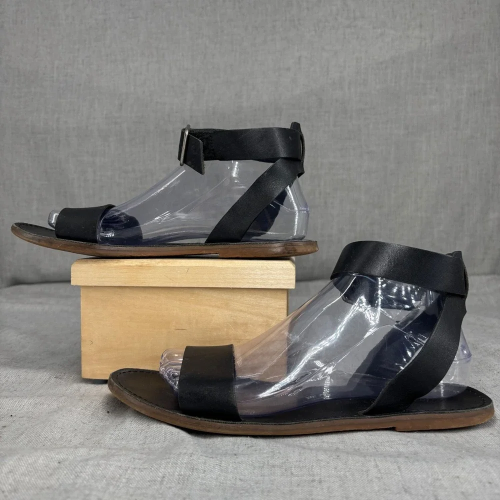 Madewell The Boardwalk Ankle Wrap Sandal Black Leather Flat Ankle Women's Size 9